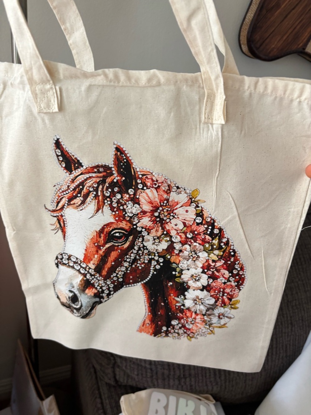 Floral Horse Canvas Tote Bag in Cream and Rust